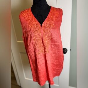 Elie Tahari Island Hibiscus tank top in coral/pink 100% linen embroidered